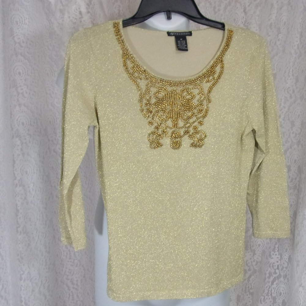 89th & Madison (Lord & Taylor) Gold Metallic Sweater Bling Beaded Accents